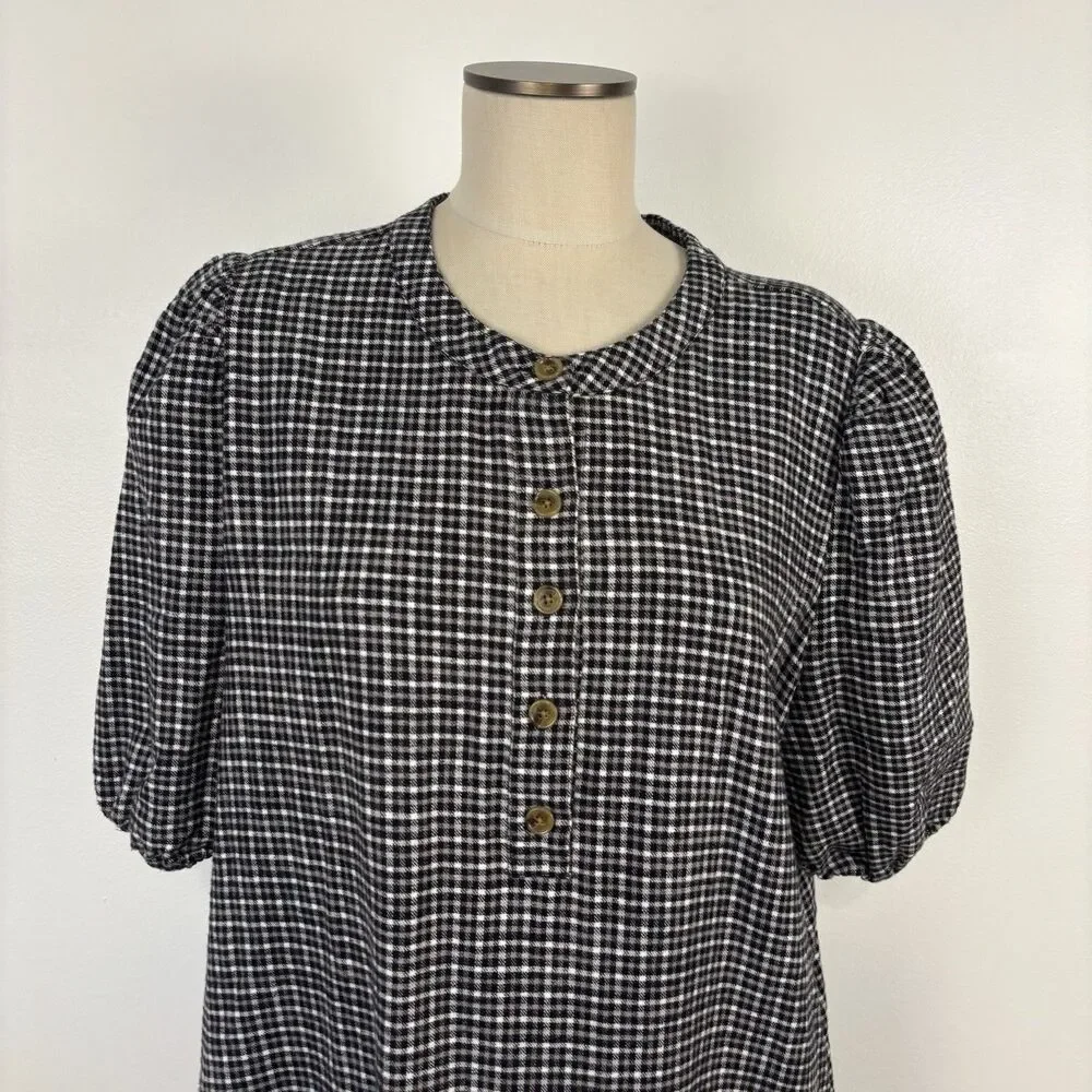 J Crew Popover Dress Brushed Flannel Black Gray Check Pockets Women’s XL BB524
